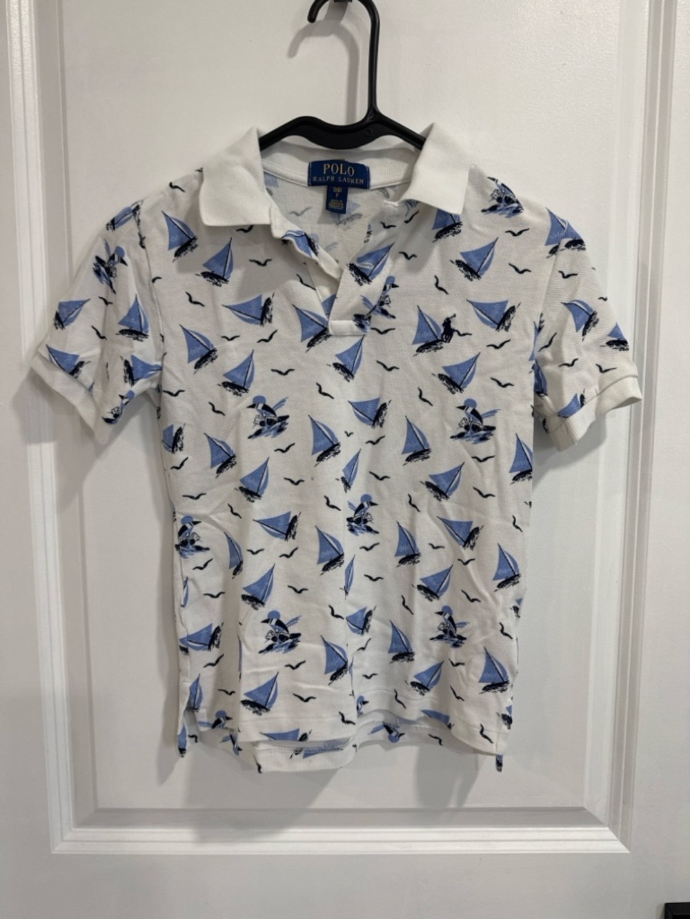 Polo Ralph Lauren Boys Sz 8 White Blue Sailboat Print Polo Shirt Nautical Preppy